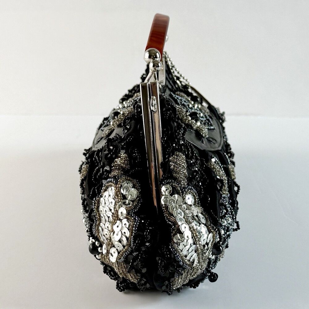LEXI Int'l Black Satin Sequin Beaded Tortoise Handled Evening Clutch Purse Retro - Picture 5 of 13